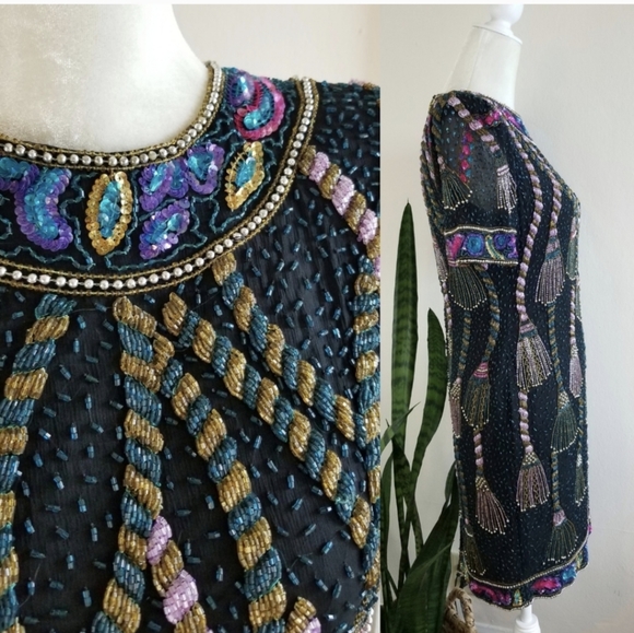 VTG 80s Sweelo Sequin + Bead Tassel Dress - Picture 3 of 8